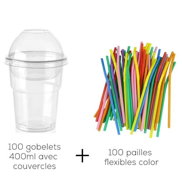 Offre spéciale : 100 gobelets 400ml avec couvercles + 100 pailles flexibles