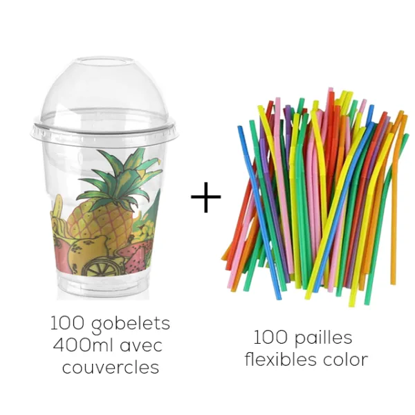 Offre spéciale : 100 gobelets 400ml fleuri avec couvercles + 100 pailles flexibles