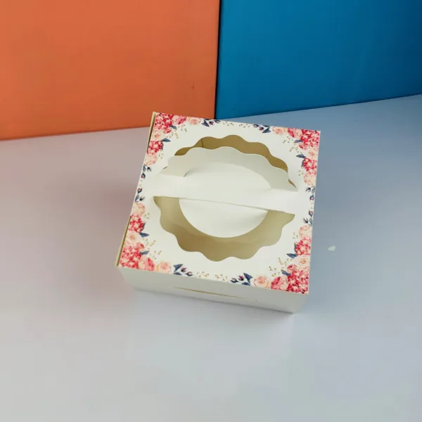 Cakebox blanc décoré avec fenêtre et manche 20x20x10cm – Image 3