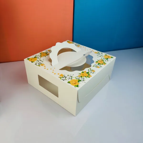 Cakebox blanc décoré avec fenêtre et manche 30x30x14cm
