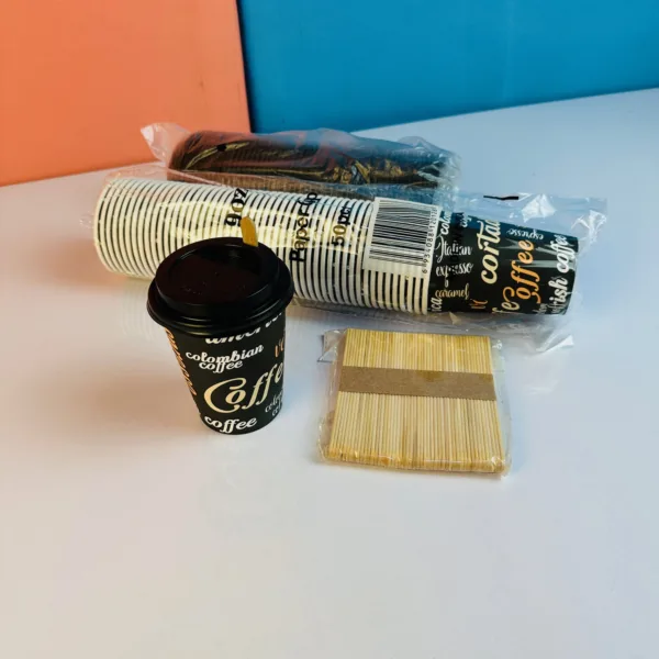 COMBO : Gobelets à café avec couvercle expresso 200ml + 50 bâtonnet en bambou 10cm