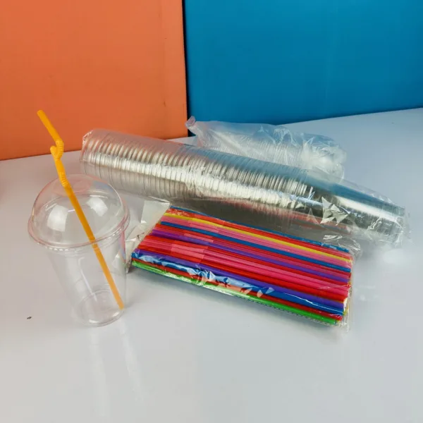 COMBO : Gobelets transparent avec couvercle 500ml + 100 pailles flexibles – Image 2
